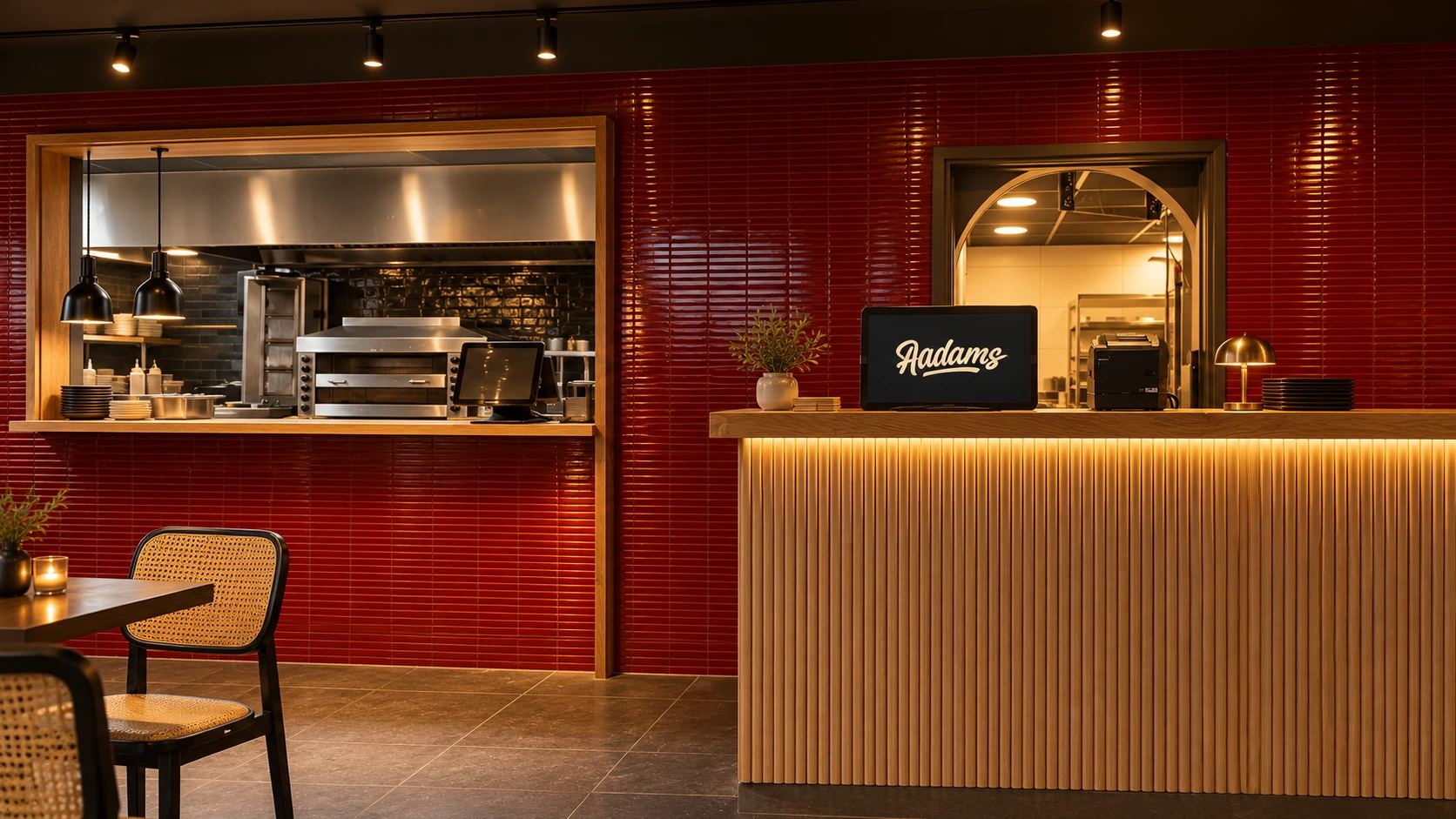 Interieur van Aadams met open keuken en toonbank